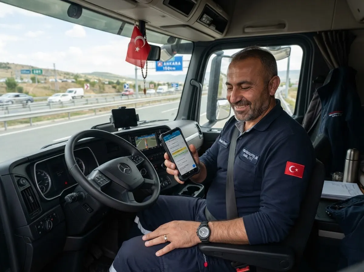 Kamyon kabininde tabletiyle yeni bir talebe bakan taşıyıcı